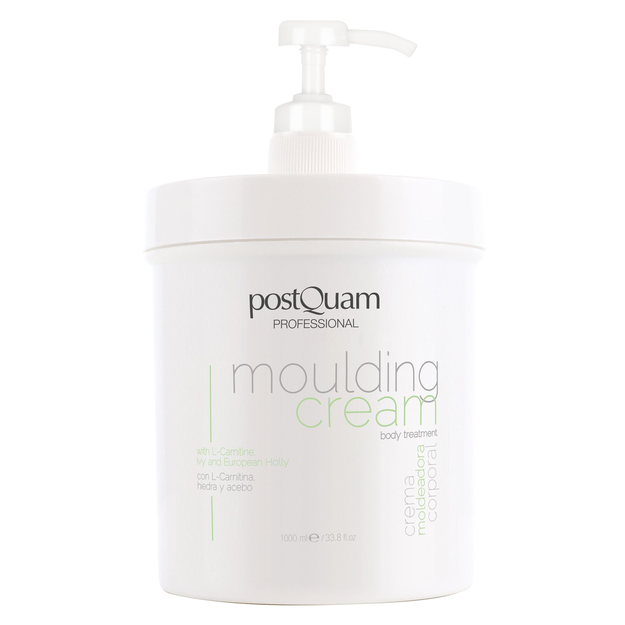 Récipient blanc avec pompe. Inscription: Postquam Professional, moulding cream, body treatment. Texte en espagnol.