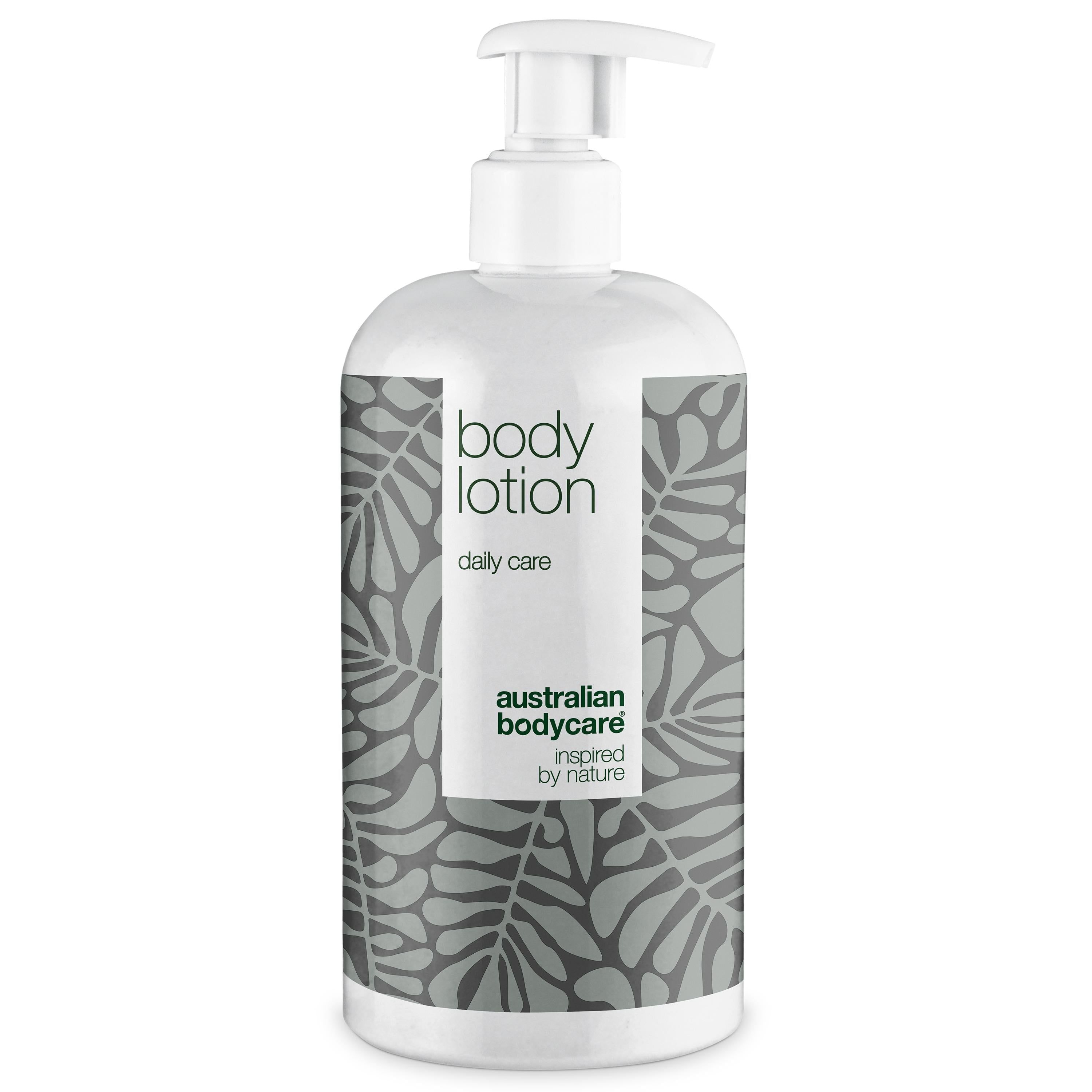 Flacon blanc avec pompe. Inscription : Body Lotion, daily care. Logo : Australian Bodycare.