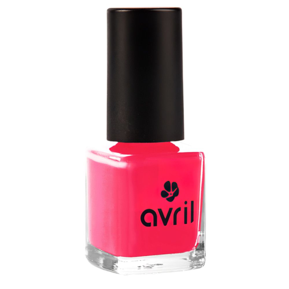 Nagellakflesje met zwarte dop. Roze nagellak, merklogo 'avril'.