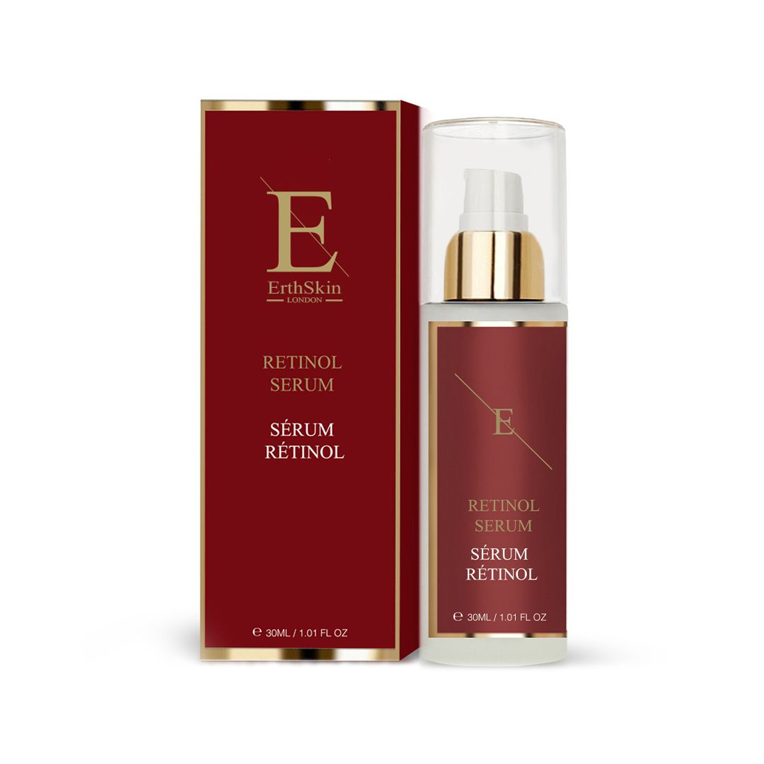 Serumfles en verpakking. Rood etiket met tekst: Retinol Serum, Sérum Rétinol. Gouden dop.