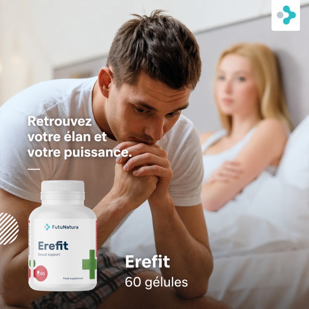 FutuNatura Erefit Sexual Support. Flacon blanc avec gélules. Homme et femme au lit. 60 gélules.