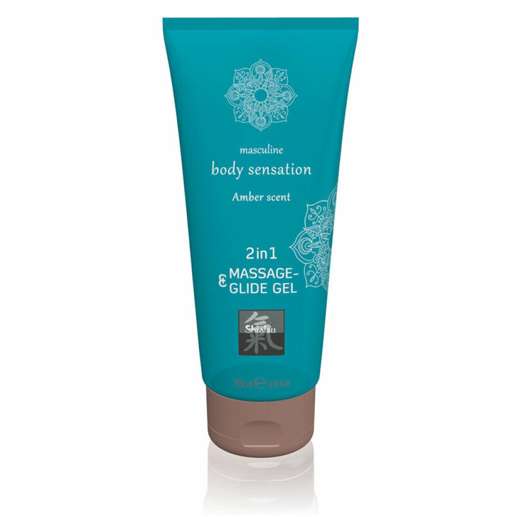Turquoise tube met 2-in-1 massage- en glijgel, ambergeur, met mandala-patroon.
