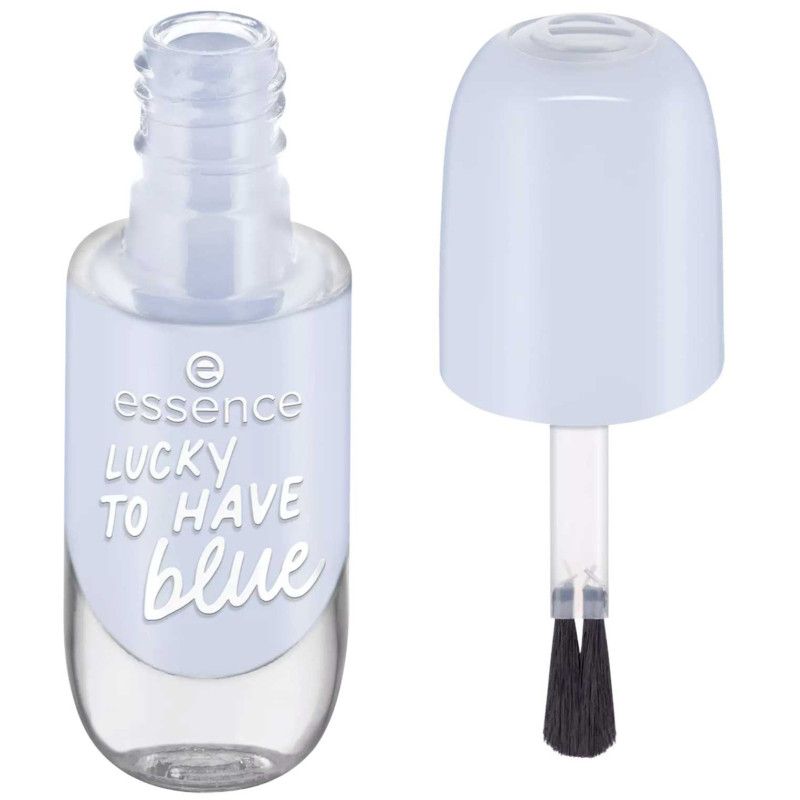 Essence nagellak in lichtblauw, flesje open met applicator ernaast.