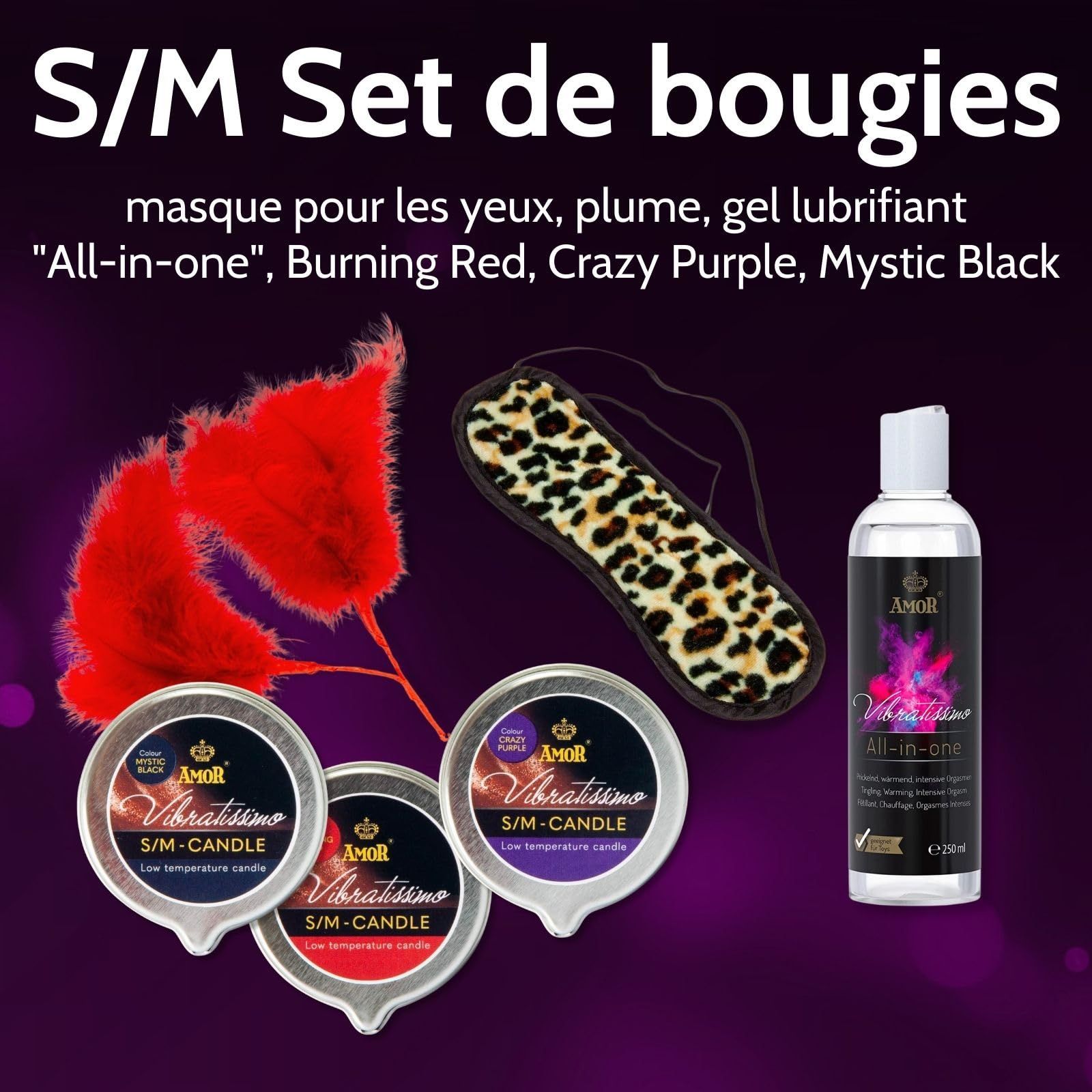 Set de bougies Vibratissimo S/M avec gel lubrifiant, masque pour les yeux et plumes.