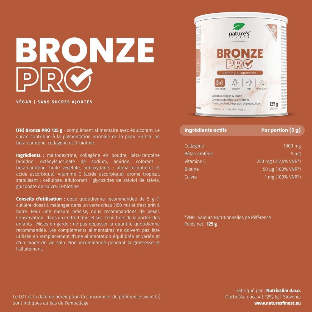 Boîte de poudre "BRONZE PRO", 125g. Contient collagène, bêta-carotène, vitamines C, E, biotine et cuivre.