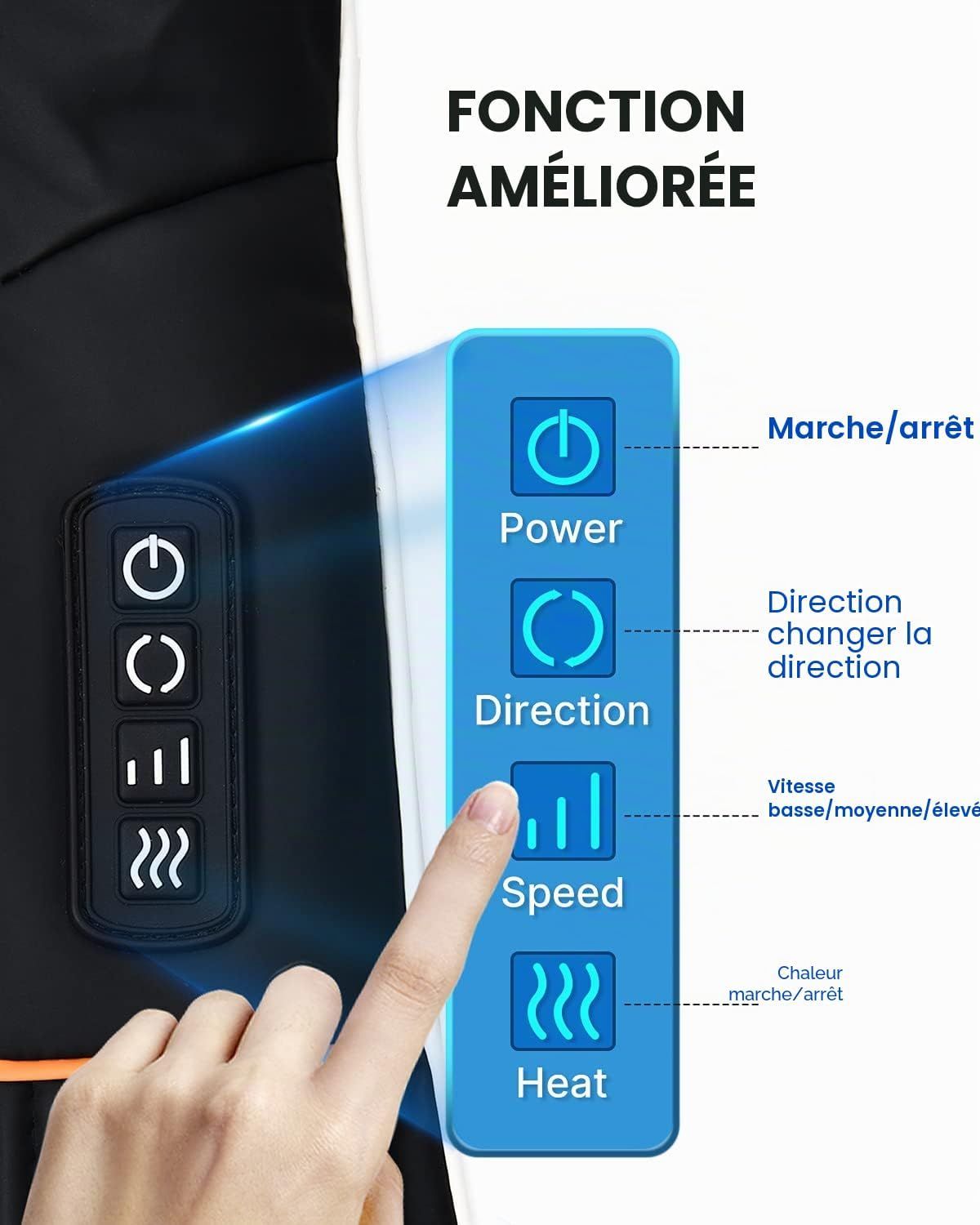 Panneau de commande avec boutons pour Marche/arrêt, Direction, Vitesse et Chaleur.