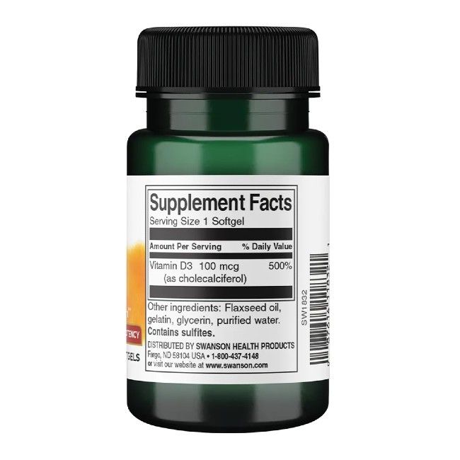 Achterkant van groene fles. Opschrift: Supplement Facts. Vitamine D3 100 mcg. Bevat sulfieten.