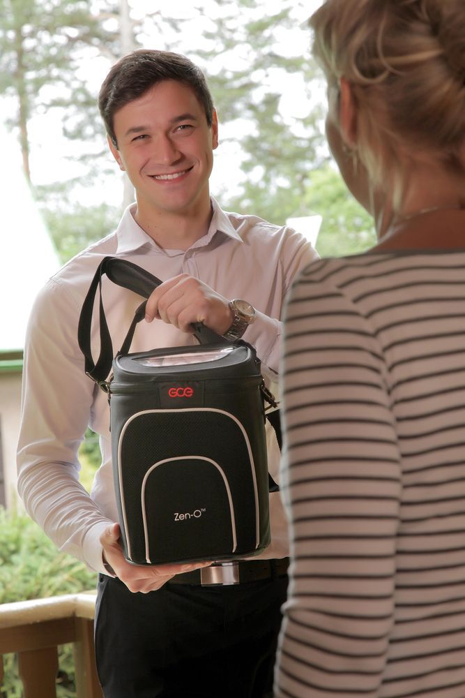 Man houdt GCE Zen-O zuurstofconcentrator vast. Zwarte tas met schouderriem, witte accenten en logo.