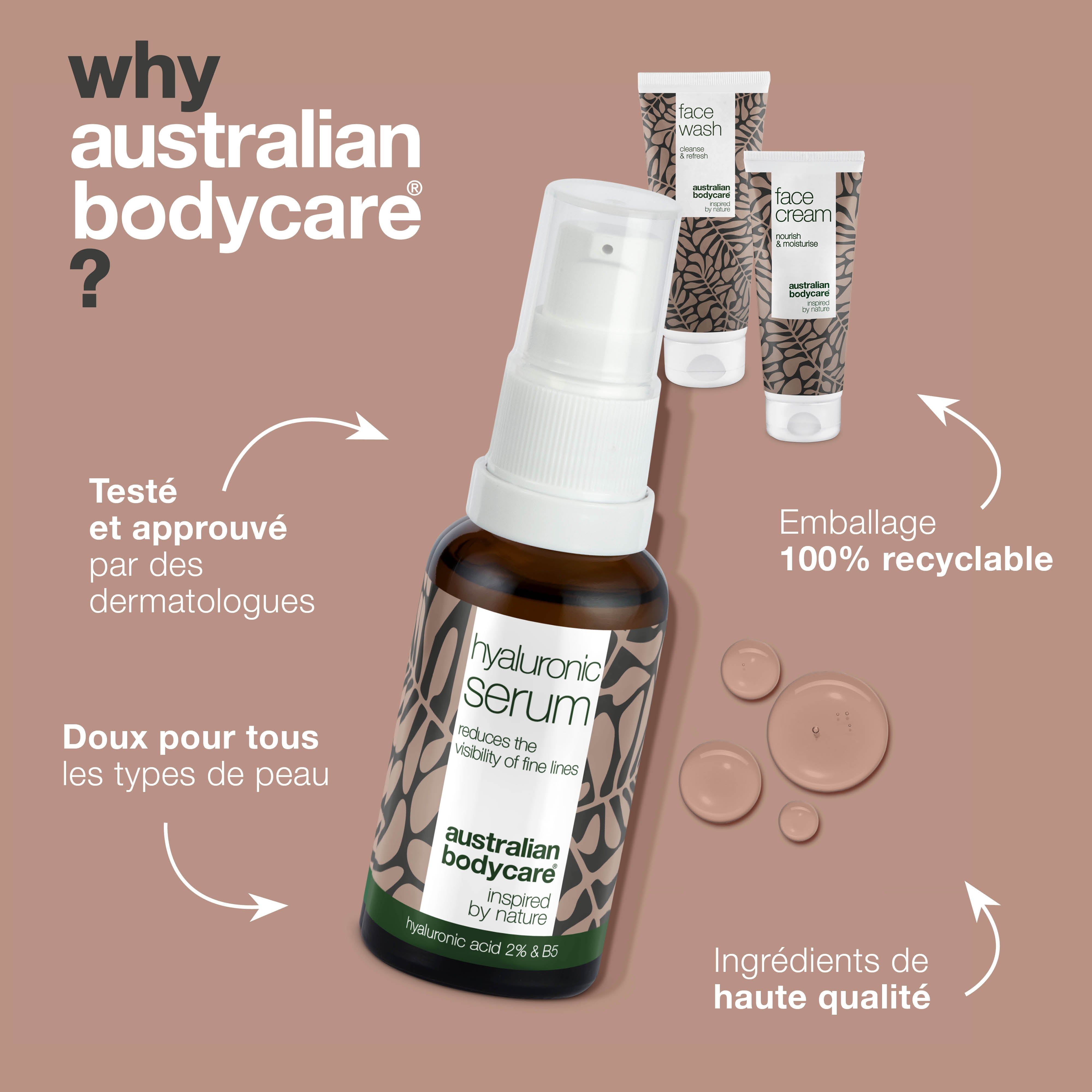 Sérum à l'acide hyaluronique, crème visage et nettoyant visage. Texte : Testé, emballage 100% recyclable.
