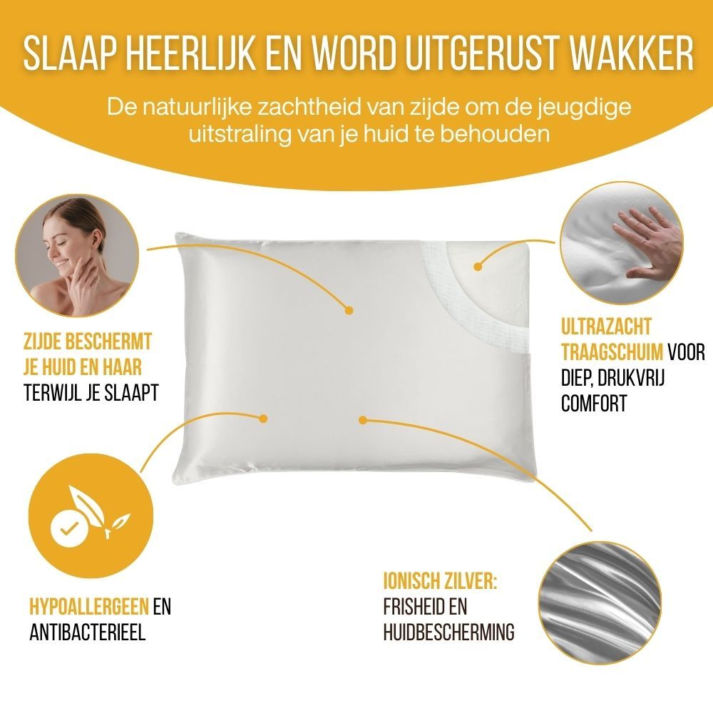 Wit kussen met tekst en symbolen. Kenmerken: beschermt huid en haar, traagschuim, ionisch zilver.