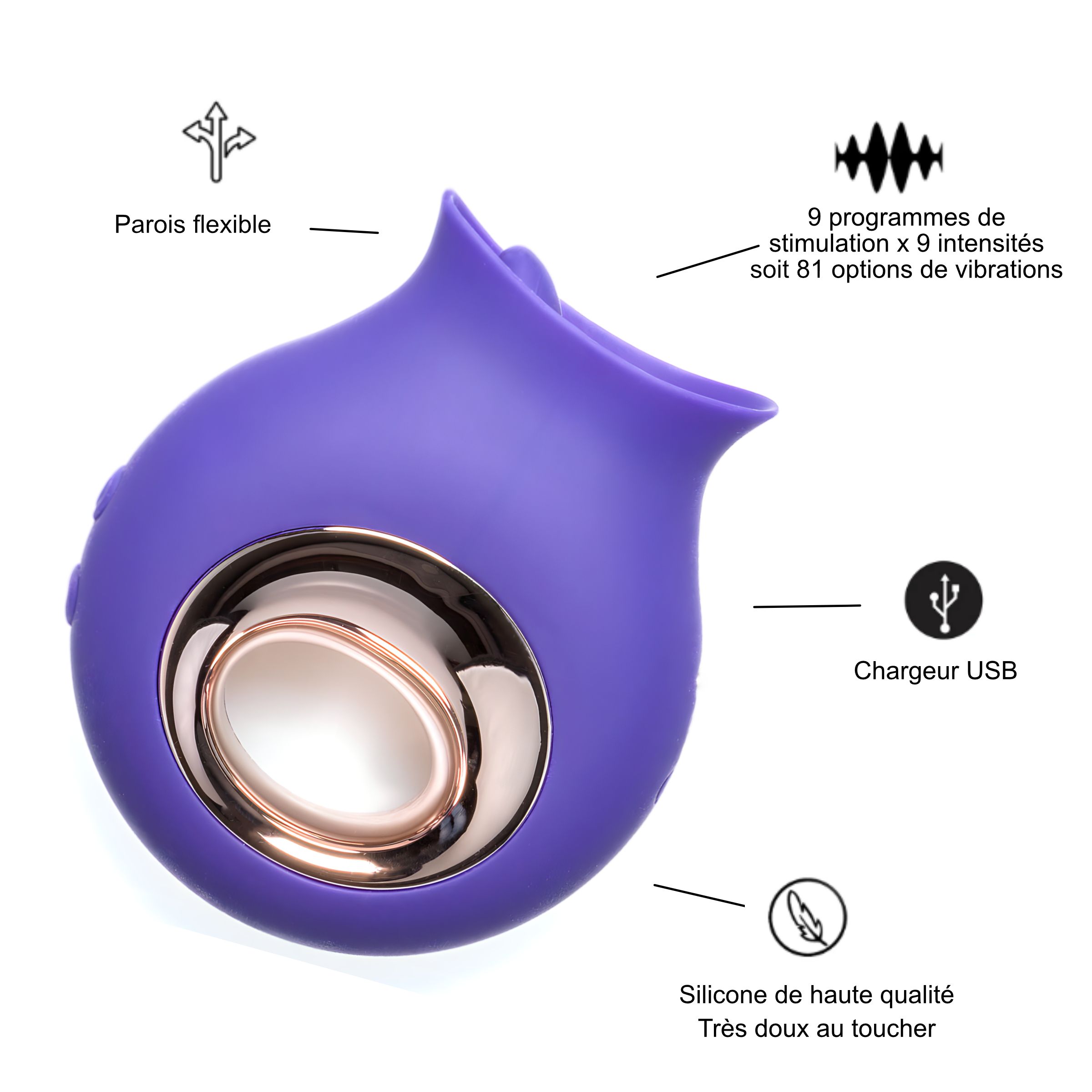 Appareil violet avec anneau doré. Parois flexibles, 9 programmes de vibration. Chargeur USB. Silicone de haute qualité, doux.
