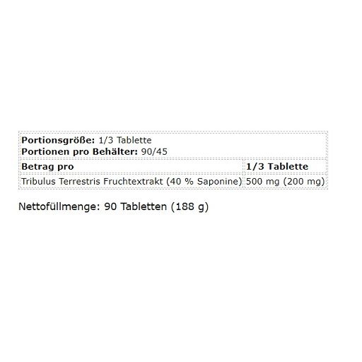 Informations nutritionnelles pour Gold Tribulus. Portion : 1/3 comprimé. Portions par contenant : 90/45. Contenu net : 90 comprimés (188 g).