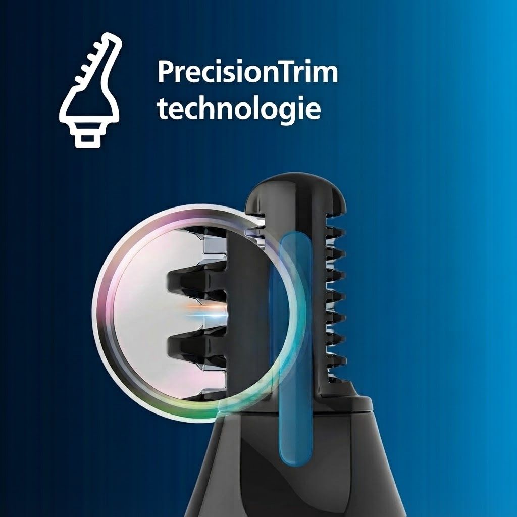 Close-up van een trimmer met precisieblad en kamopzetstuk.