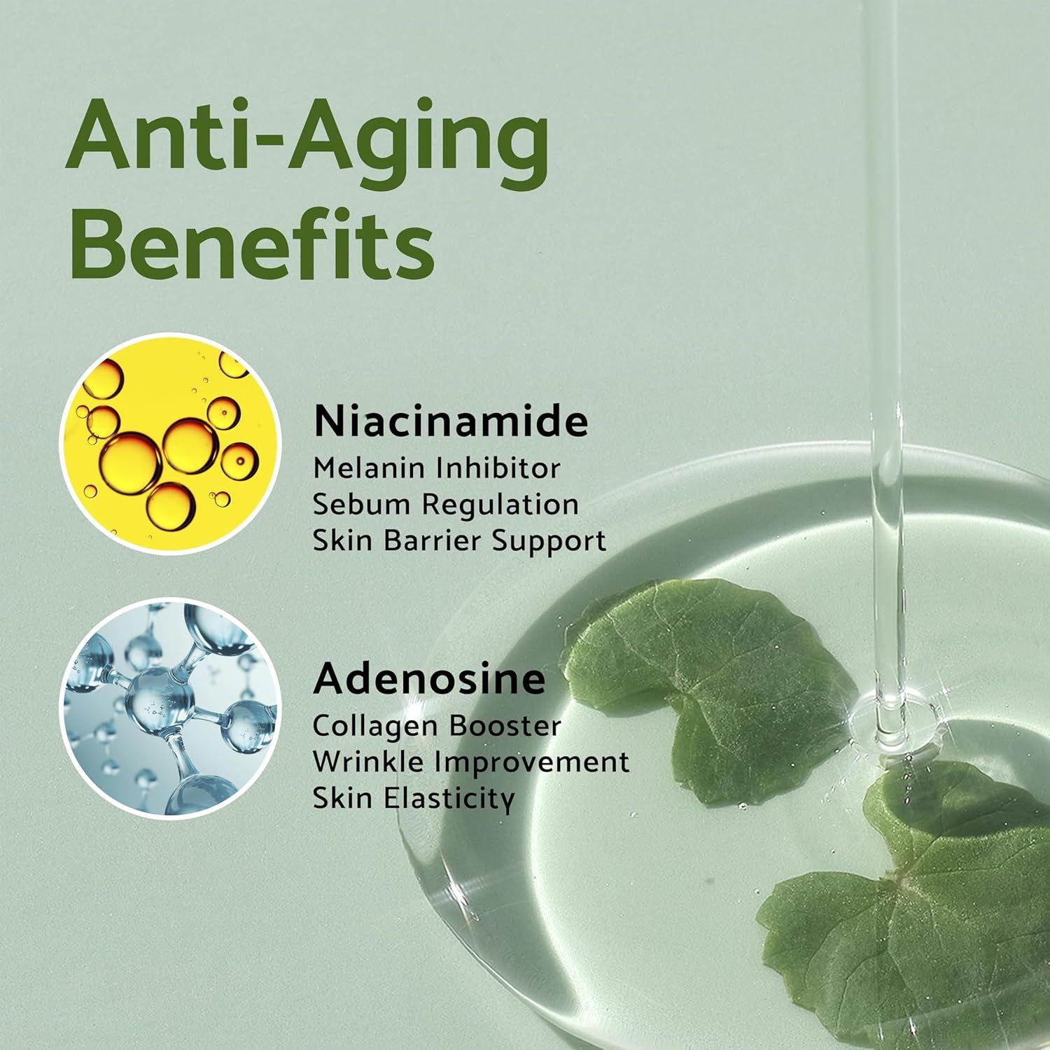 Flacon iUNIK Tea Tree Relief Serum. Texte: bienfaits anti-âge. Ingrédients: Niacinamide, Adénosine. Liquide avec feuilles.