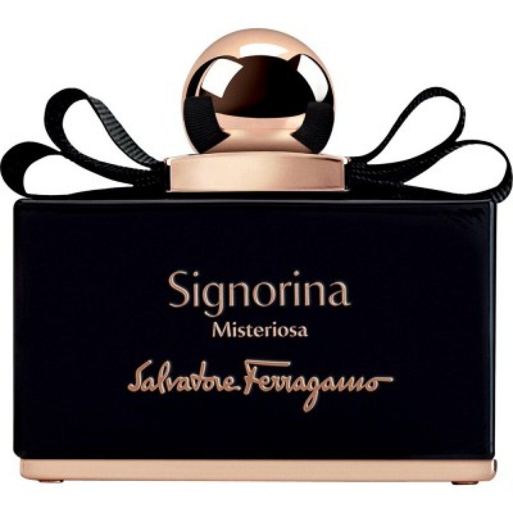 Flacon noir Salvatore Ferragamo Signorina Misteriosa Eau de Parfum avec nœud et bouchon doré.