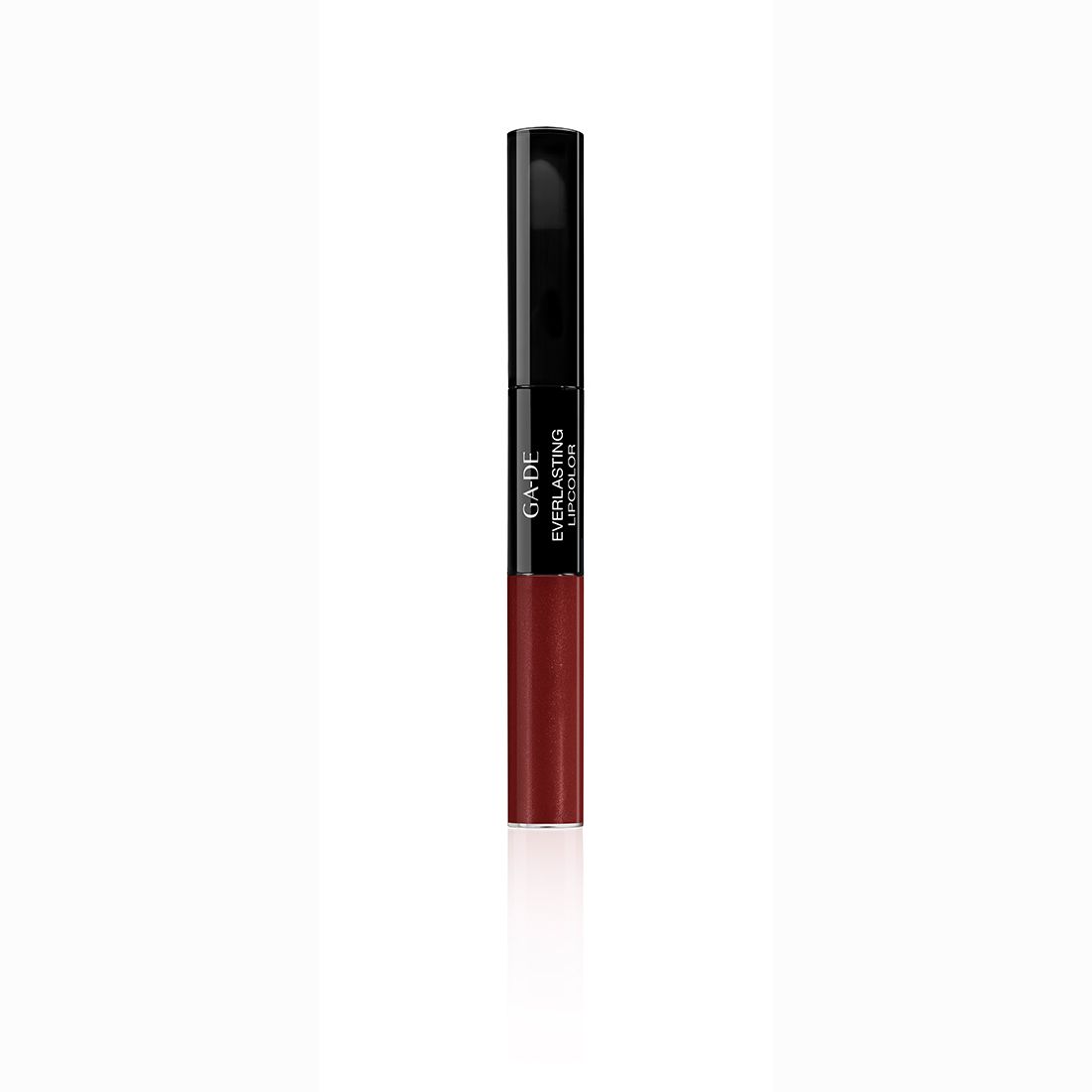 Dubbele lippenstift. Zwarte dop, donkerrode stick. Opschrift: GA-DE, EVERLASTING LIPCOLOR.