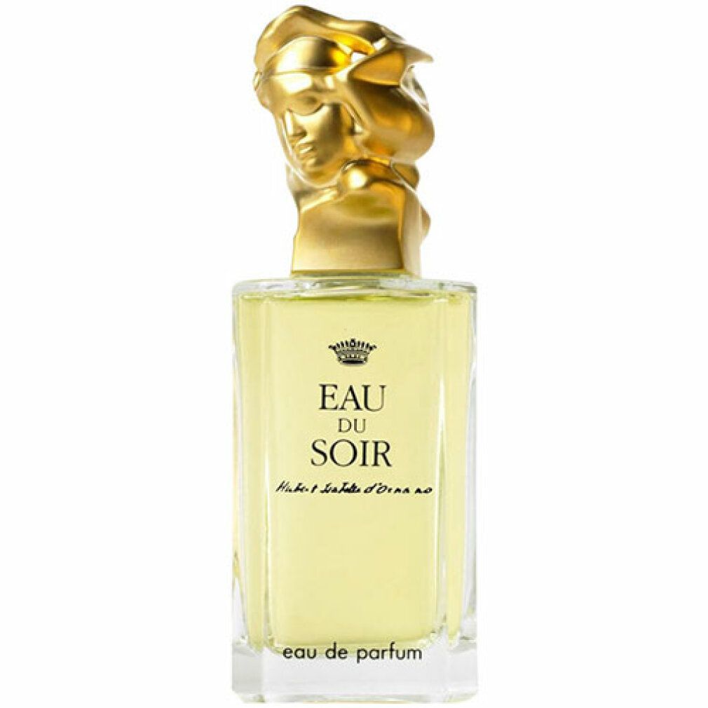 Parfumfles met gouden dop. Opschrift: Eau du Soir, Hubert Isabelle d'Ornano. Transparante glazen fles.