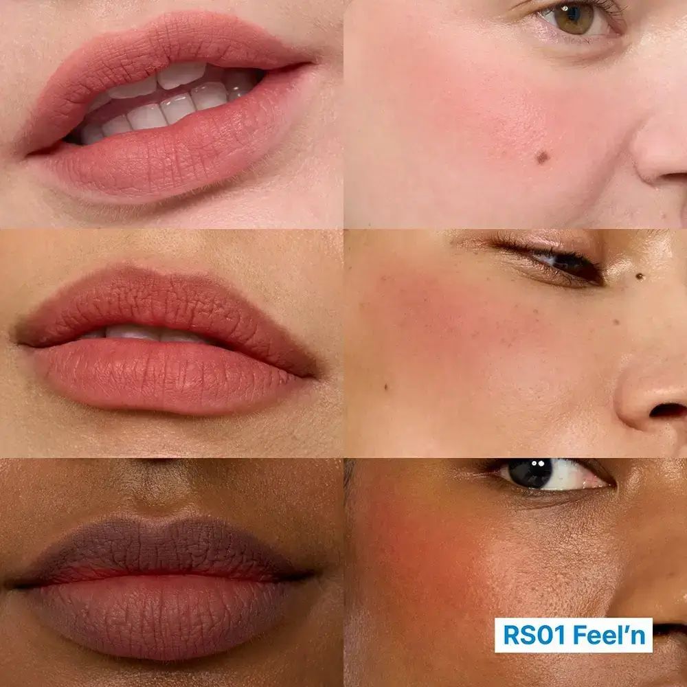 Meerdere close-ups van lippen en wangen. Verschillende huidtinten en lipkleuren. Tekst: RS01 Feel'n.