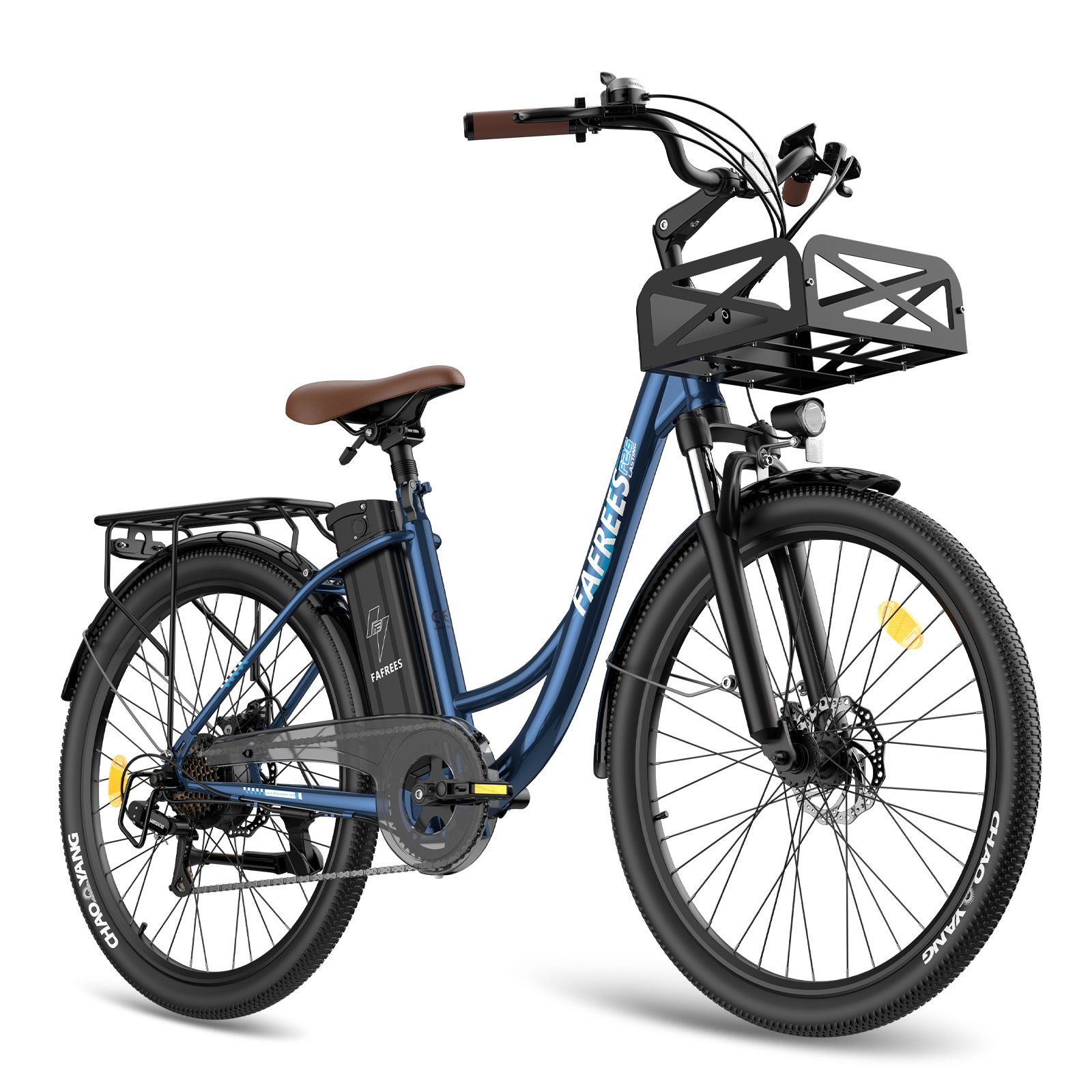 Blauwe e-bike met bruin zadel, bagagerek en mand. Merk FAFREES.