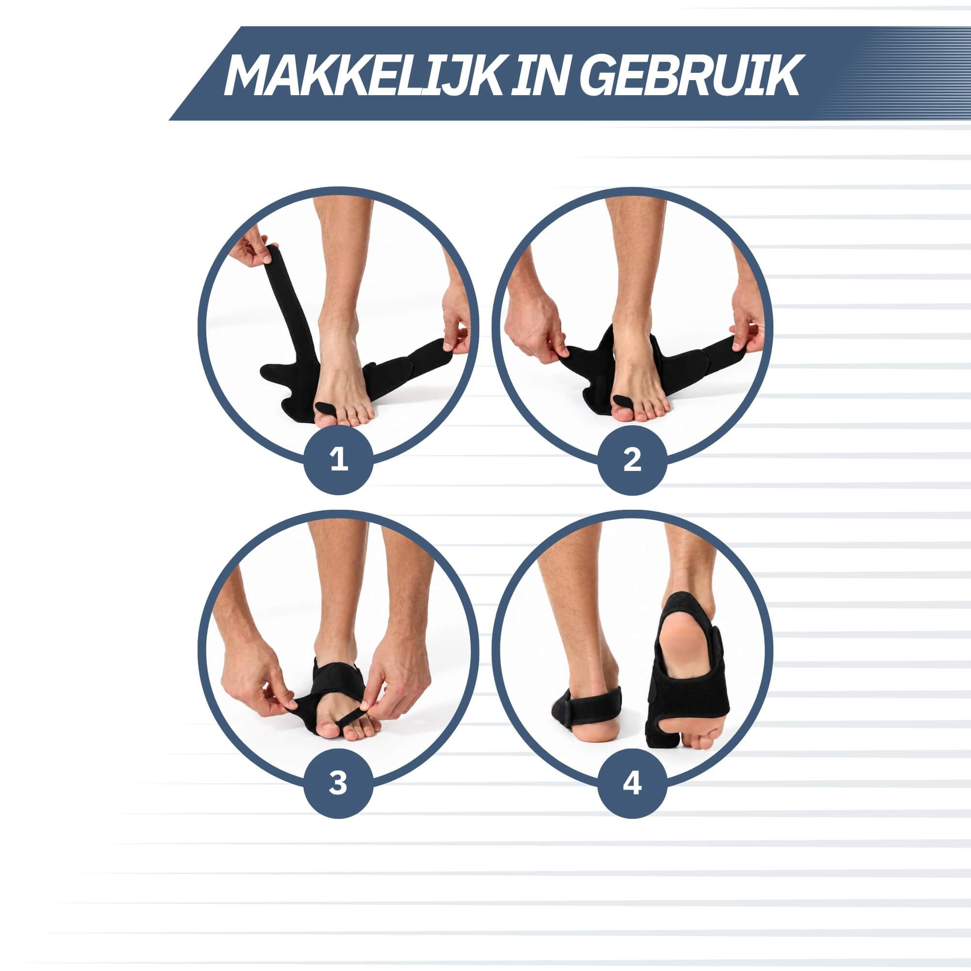 Zwarte hallux valgus spalk met klittenband, makkelijk aan te passen en licht.