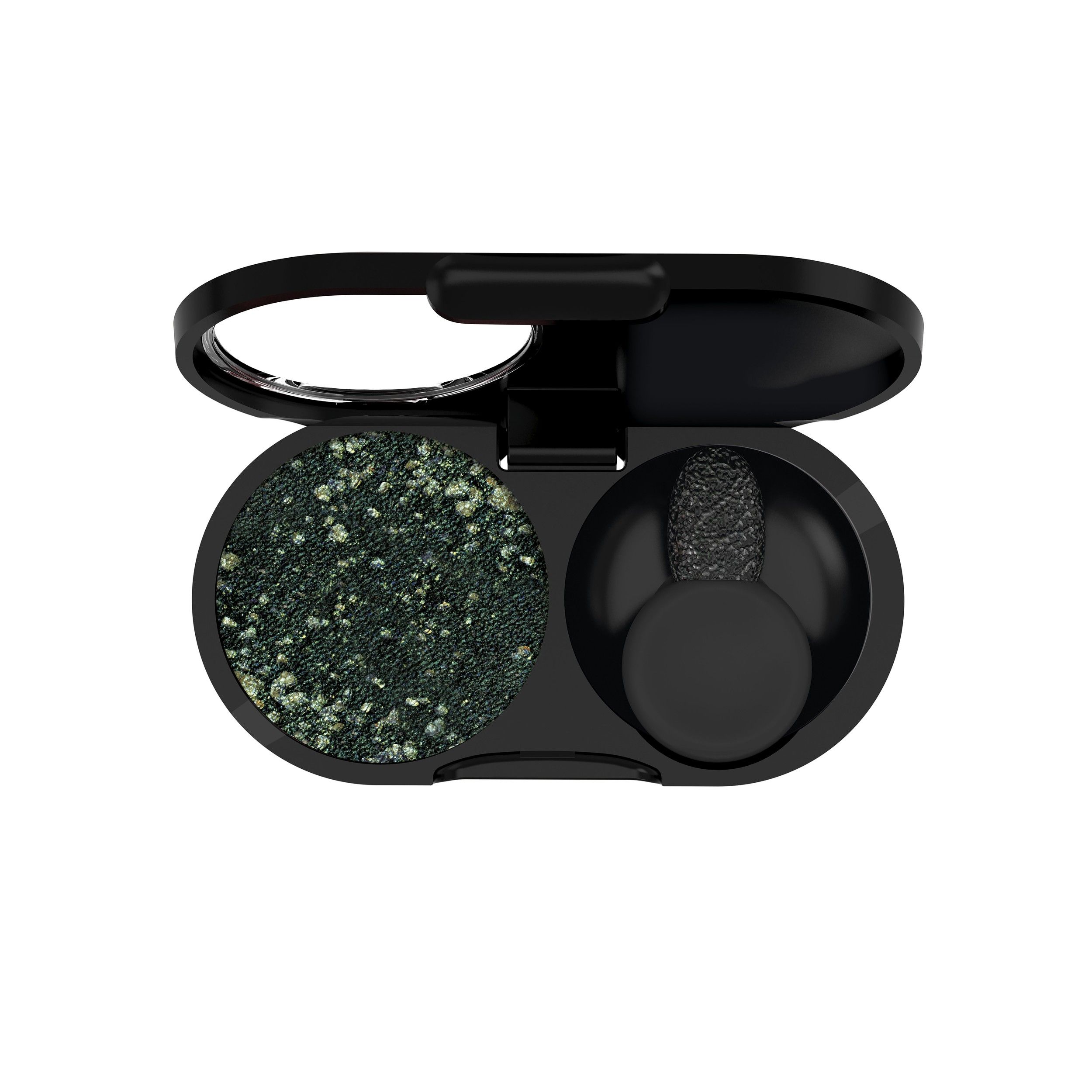 Zwart etui met donkergroene oogschaduw met glitterdeeltjes en een applicator.