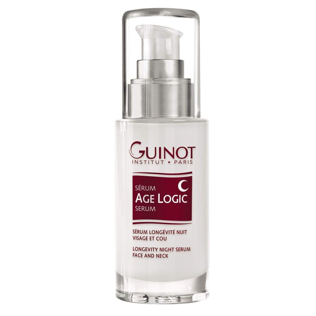 Serumfles met pomp. Opschrift: Guinot, Age Logic Serum. Rode sticker met tekst.