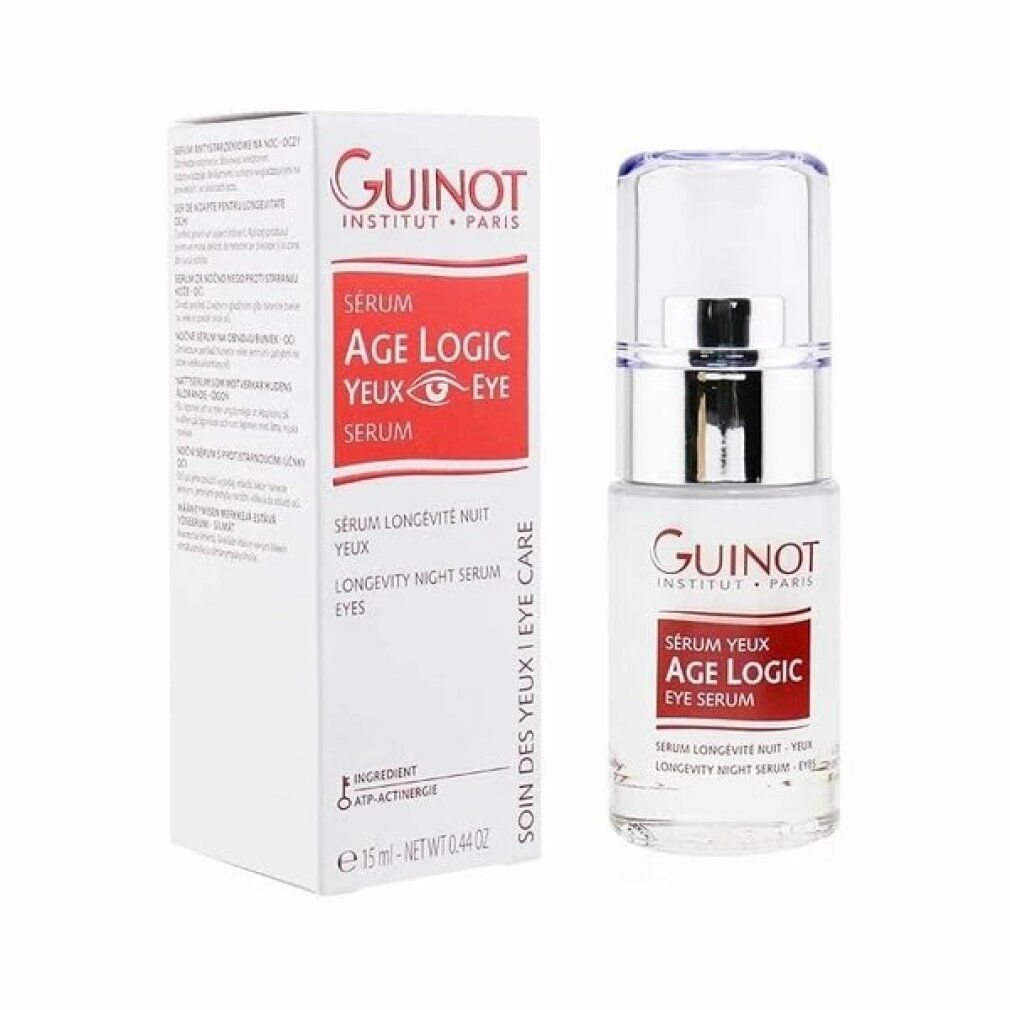 Guinot Age Logic oogserum met verpakking. Witte doos en transparante fles. Rode strook met tekst.