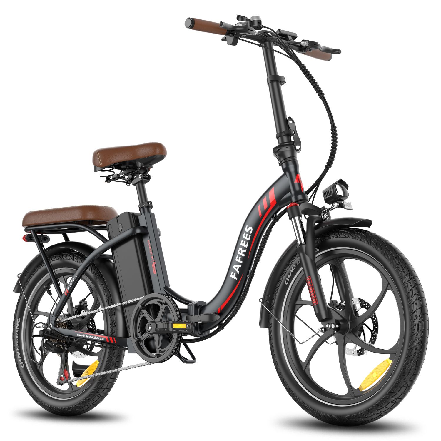 Opvouwbare e-bike, zwart met bruin zadel. Merk Fafrees. Zichtbare details: wielen, batterij, spatborden, stuur.