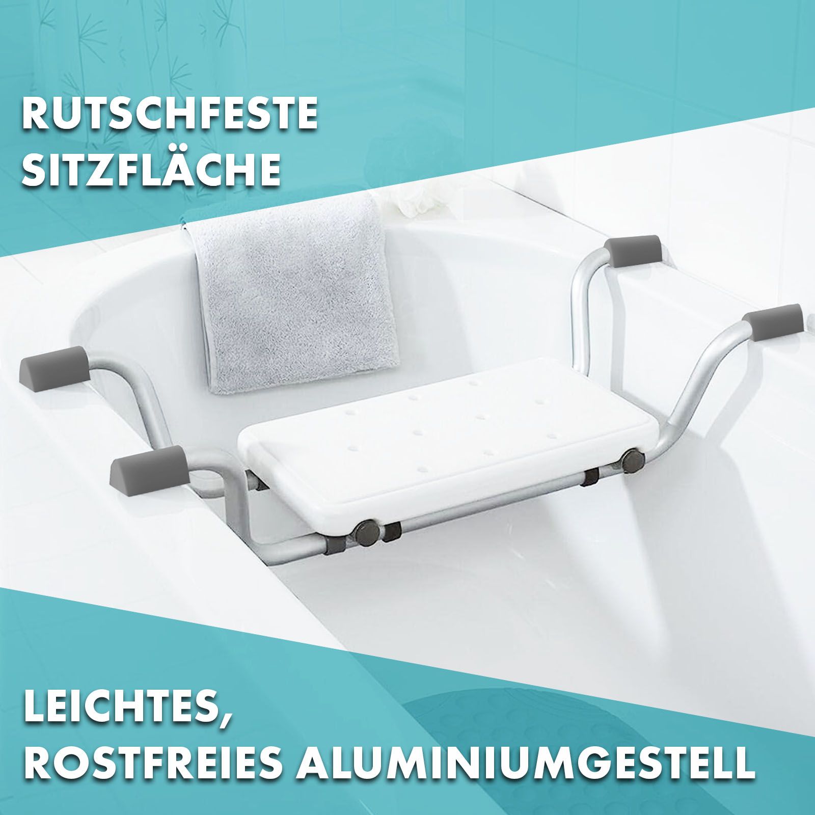 Badzitje in bad. Antislip zitting, lichtgewicht aluminium frame. Met handdoek.