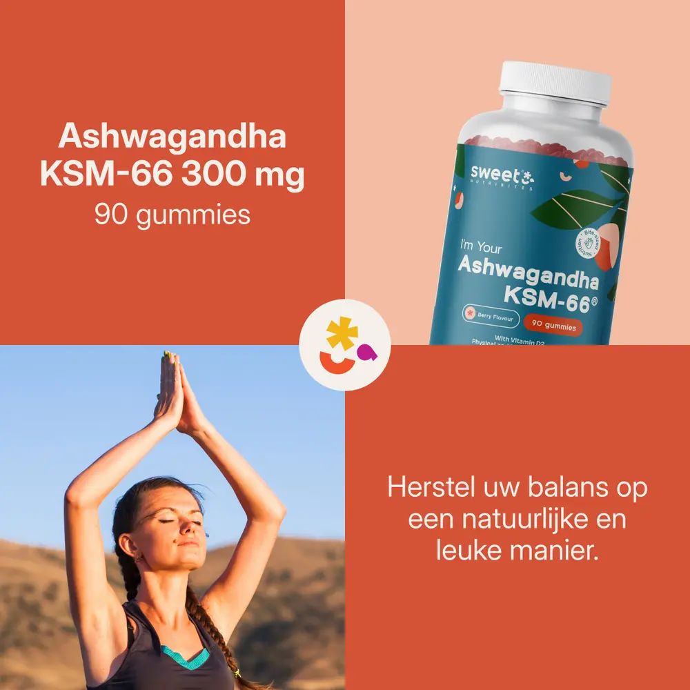 Vrouw in yoga-houding. Tekst: Ashwagandha KSM-66 300 mg, 90 gummies. Tekst: Herstel uw balans op een natuurlijke en leuke manier.