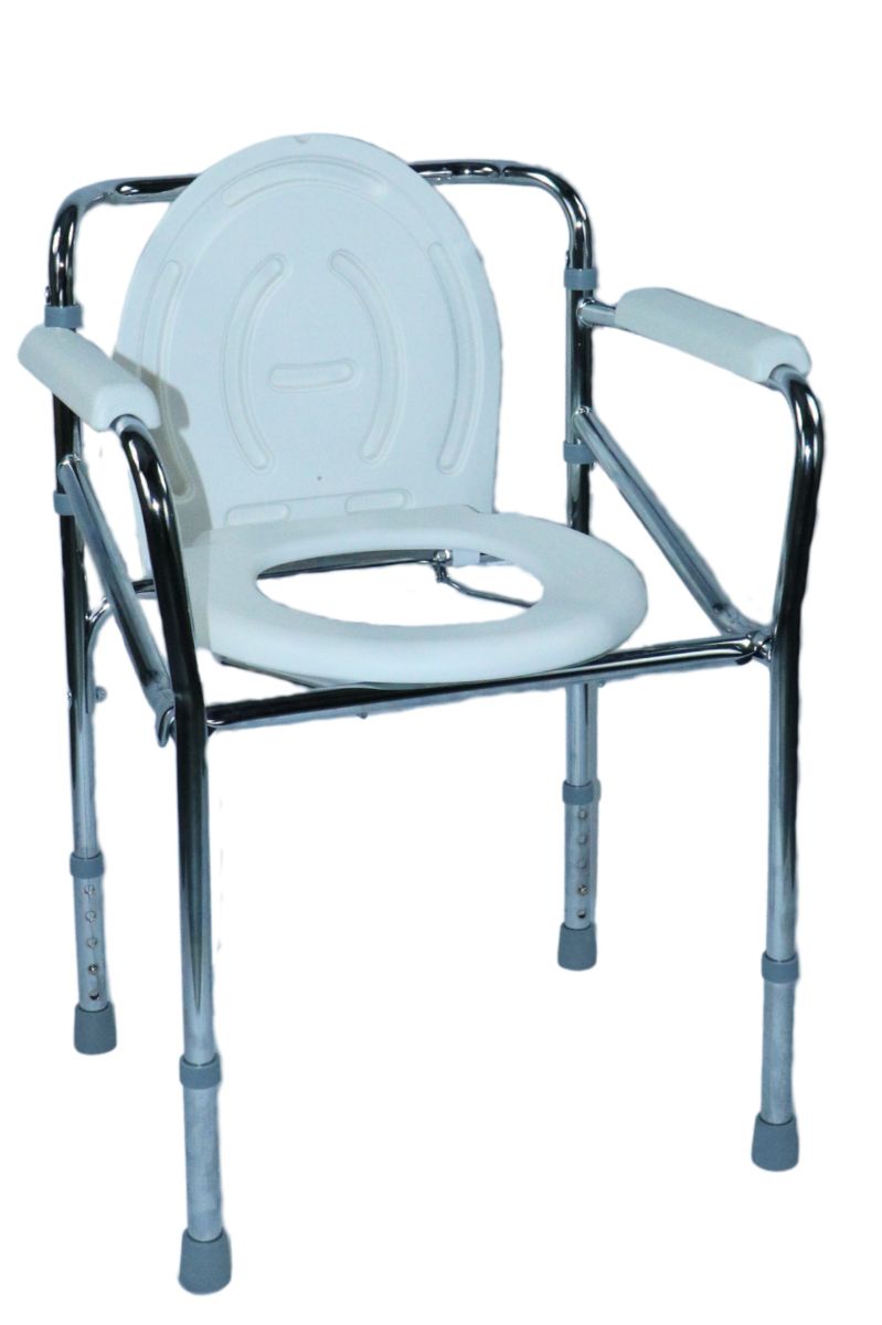 Chaise de toilette avec siège blanc, accoudoirs et pieds réglables en hauteur. Cadre métallique.