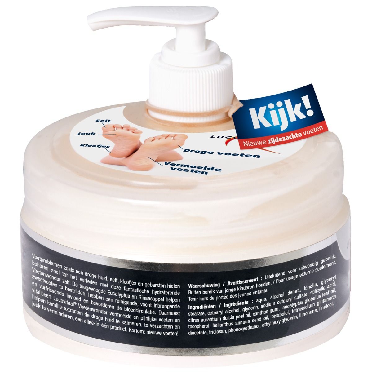 Distributeur de crème Lucovitaal Voetenwonder. Distributeur blanc avec pompe et étiquette. Texte : Voetenwonder, Kijk! Nieuwe zijdezachte voeten.