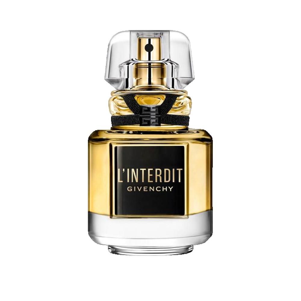 Gouden parfumflesje, zwart etiket met opschrift L'Interdit en Givenchy. Transparante sluiting.