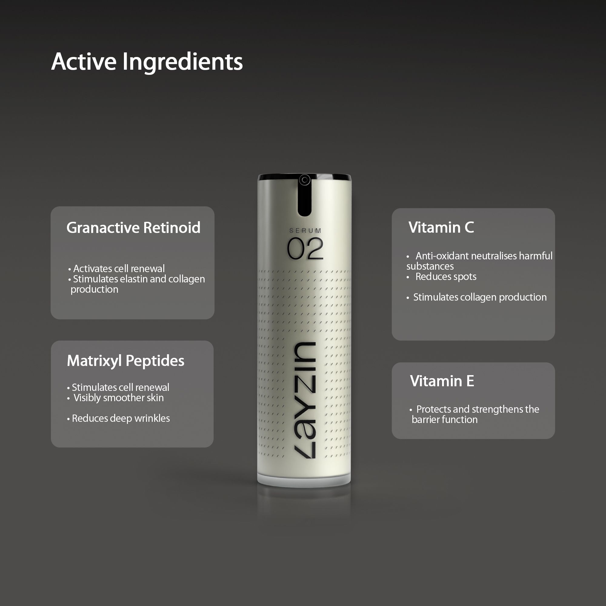 Produit SERUM 02. Texte : Rétinoïde granactif, peptides de Matrixyl, vitamine C, vitamine E. Sur fond sombre.