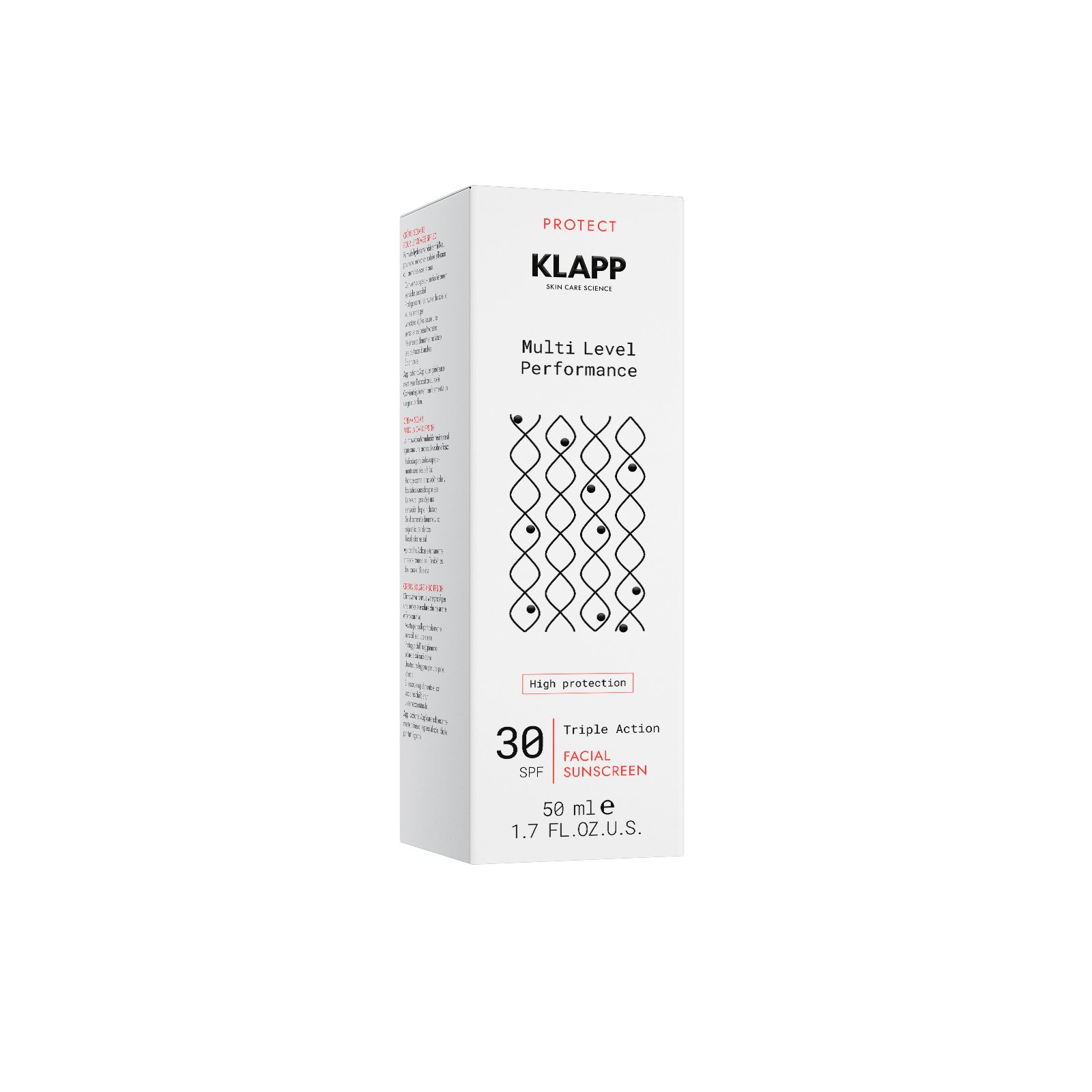 Witte doos met productinformatie. Opschrift: KLAPP, Multi Level Performance, 30 SPF, Triple Action Facial Sunscreen.