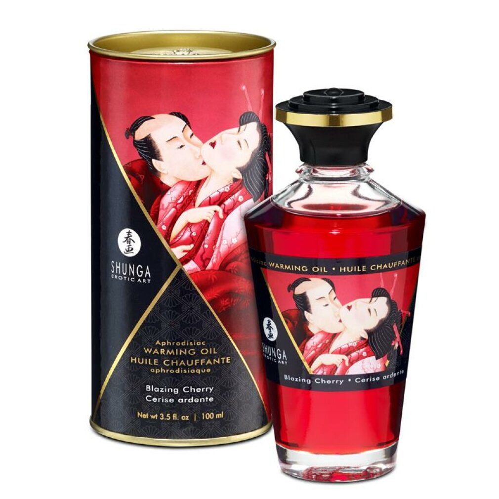 Flacon et boîte cylindrique. Liquide rouge. Illustration d'un couple s'embrassant. Texte: SHUNGA, Warming Oil, Blazing Cherry.