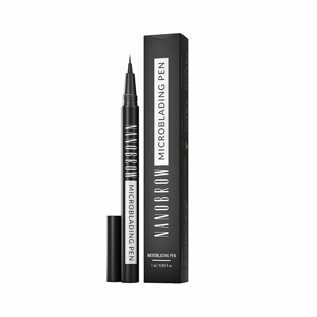 Stylo noir "Nanobrow Microblading Pen" avec capuchon noir. Emballage noir avec nom et détails du produit.