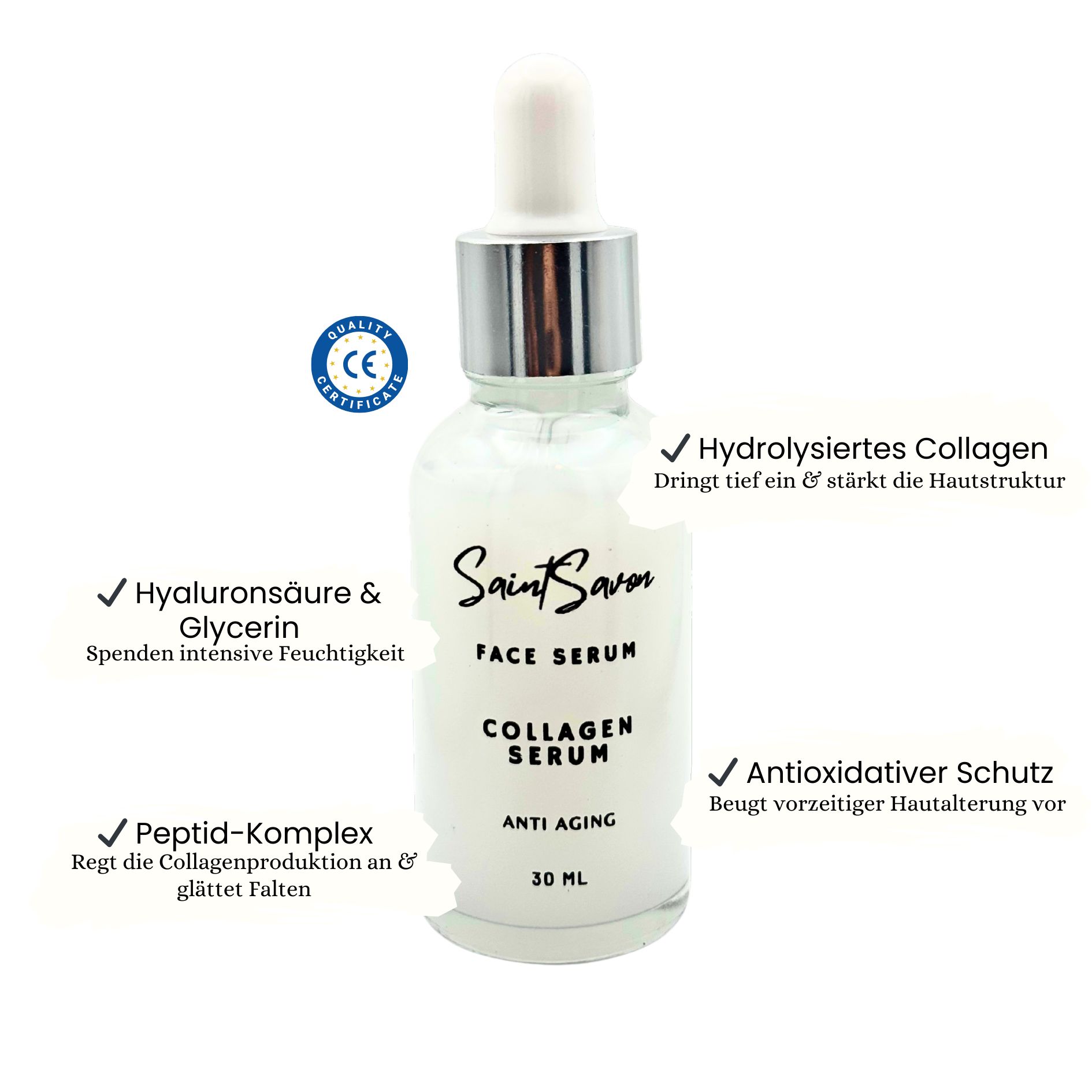 Glazen fles met wit serum, zilveren pipet, opschrift Saint Savon, Face Serum, Collagen Serum, Anti Aging, 30 ml. Met certificering.