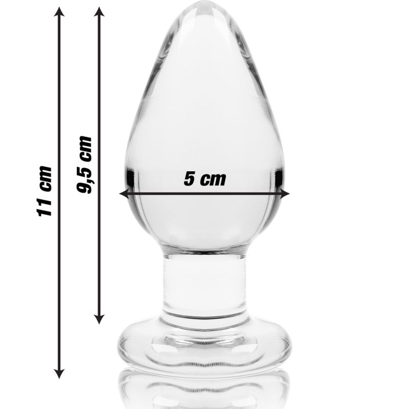 Bouchon de fesse en verre transparent, 11 cm de long, 5 cm de large.