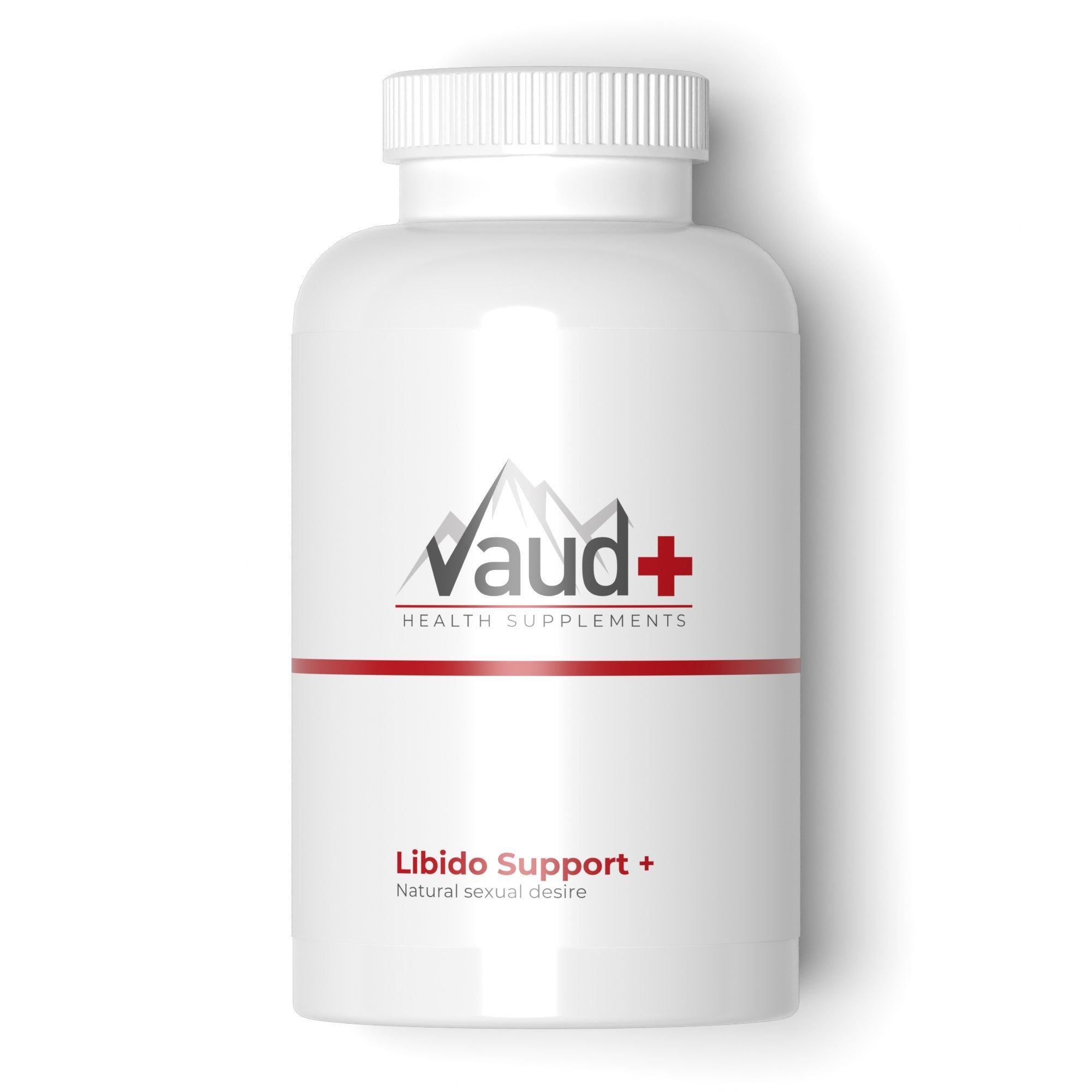 Flacon blanc avec bande rouge et texte 'Vaud+ Health Supplements'. Texte: 'Libido Support +'.