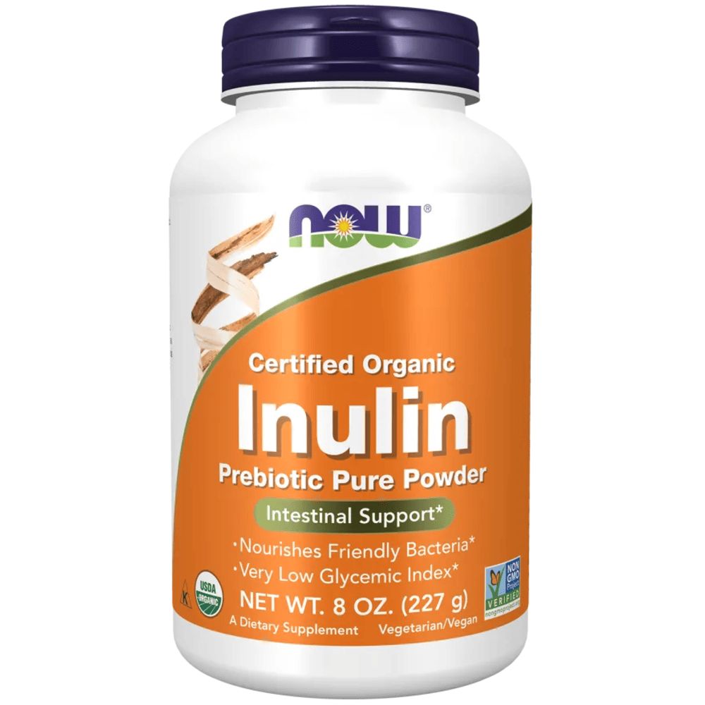 Witte fles met blauwe dop. Opschrift: Inuline, Prebiotic Pure Powder. Bevat 227 g. Gecertificeerd biologisch product.