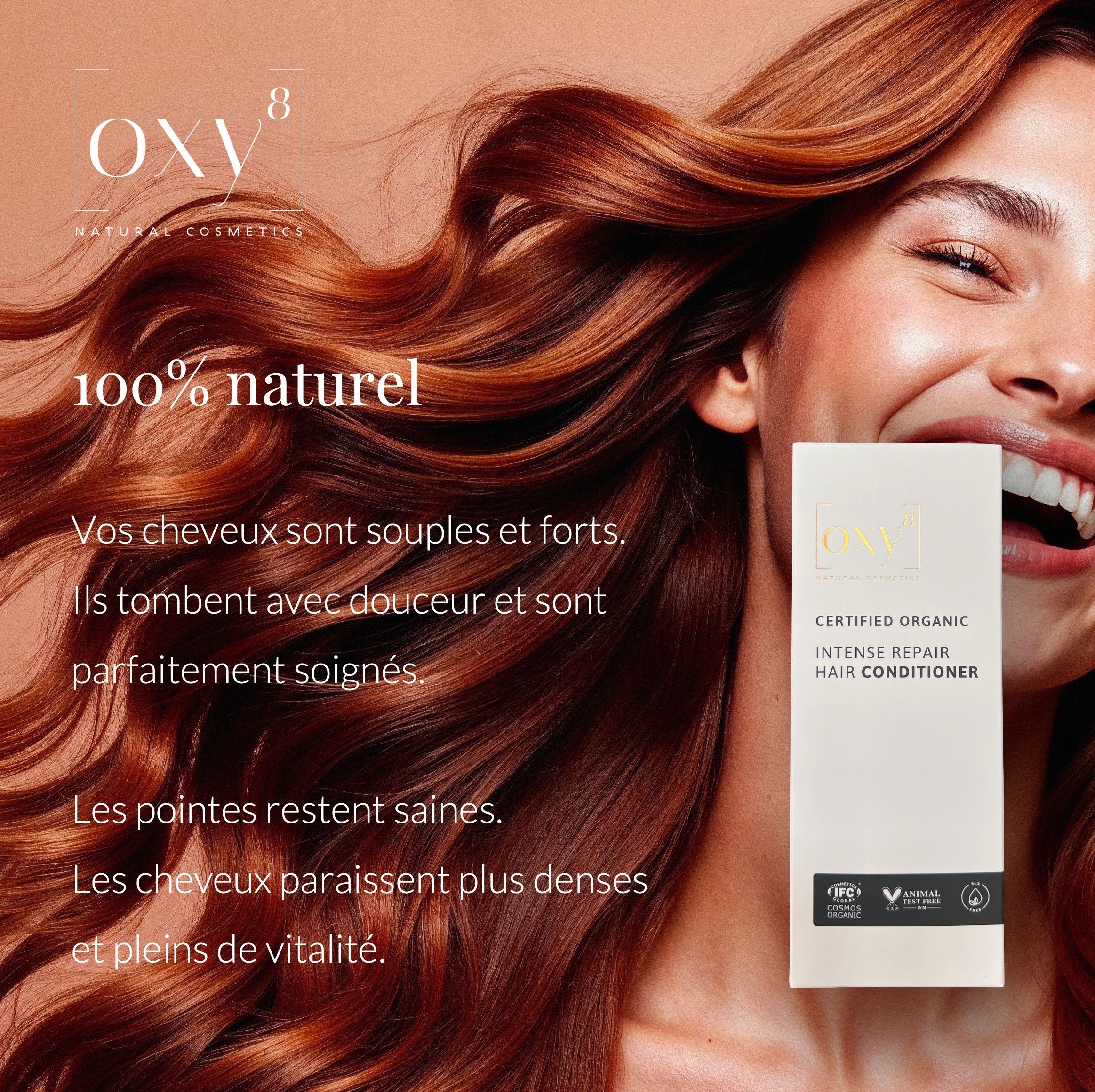 Femme aux cheveux roux. Emballage du produit avec texte: INTENSE REPAIR HAIR CONDITIONER.