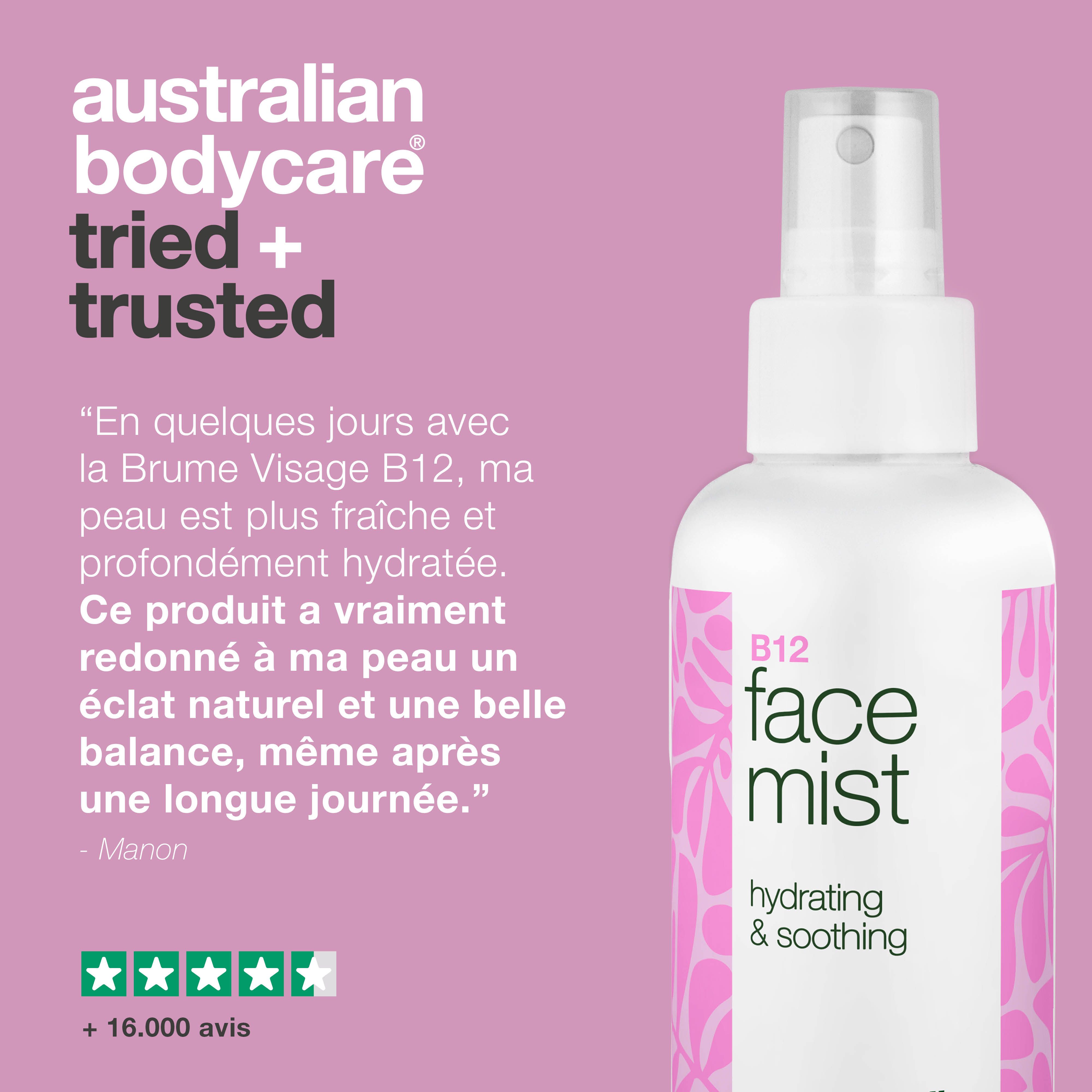 Une bouteille de B12 Face Mist. Texte : Australian Bodycare tried + trusted. Citation et évaluation 5 étoiles.