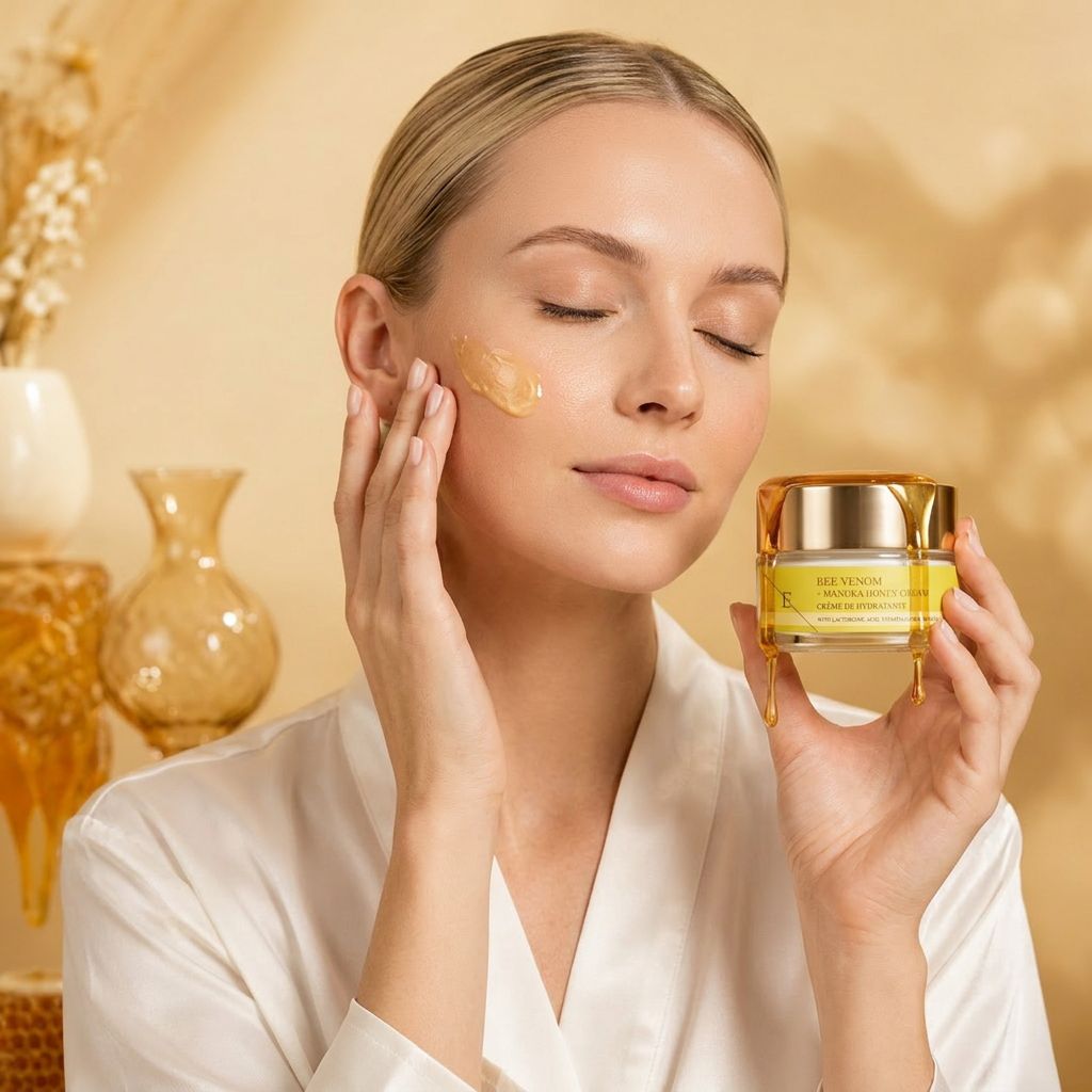 Een vrouw brengt ErthSkin London Bijengif + Manuka Honingcrème aan op haar gezicht.