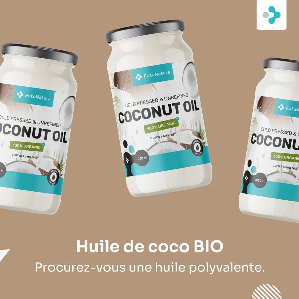 Trois pots d'huile de coco. Inscription: COCONUT OIL, 100% ORGANIC, sans gluten et sans OGM. Marque: FutuNatura.