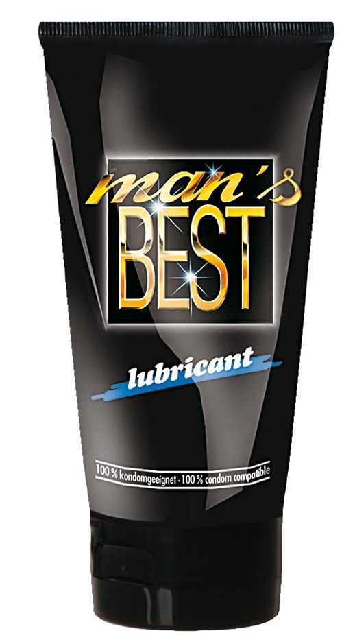 Zwarte tube met "man's BEST lubricant" opdruk. 100% condoomcompatibel.