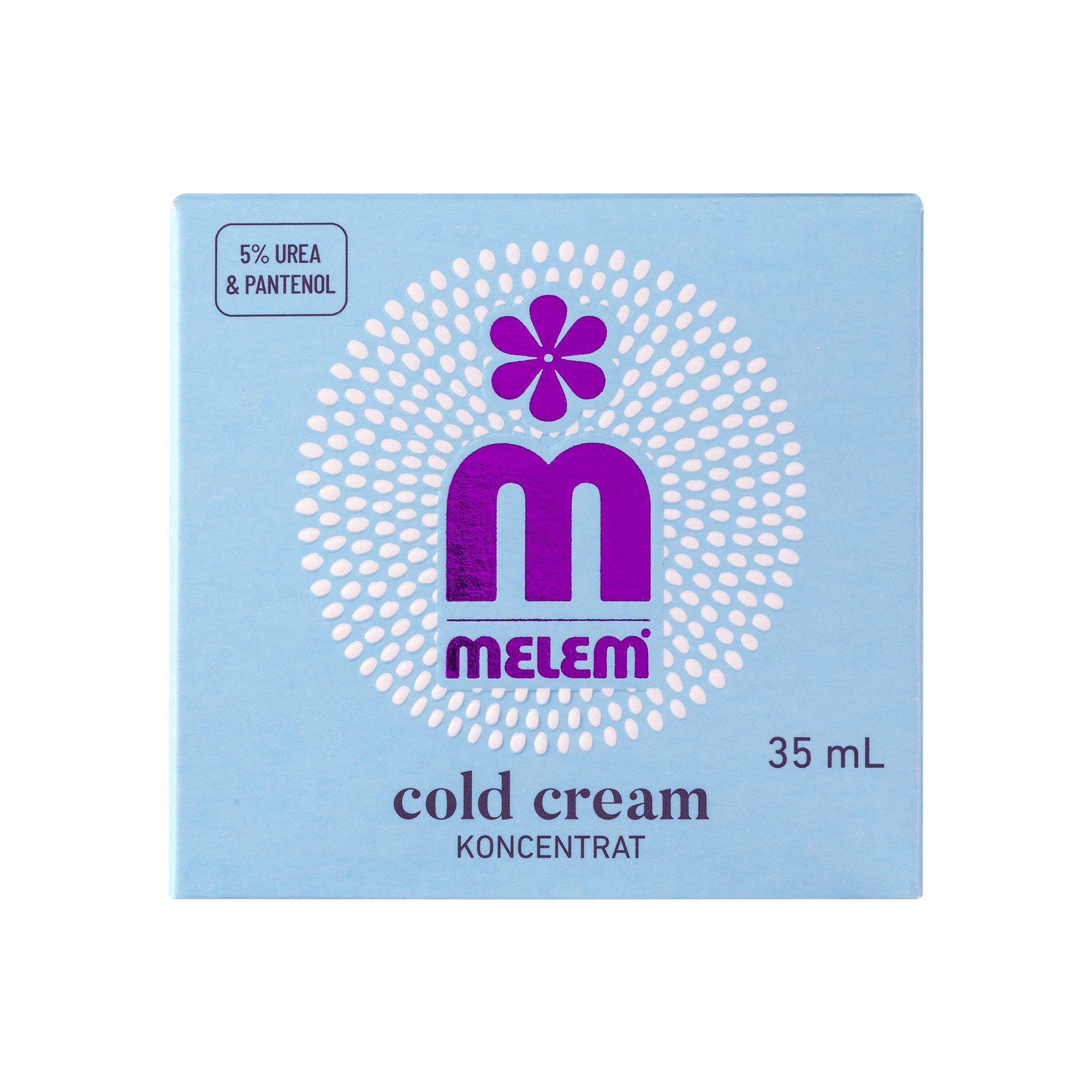 Boîte bleu clair avec logo violet et texte MELEM cold cream. Contient 35 ml. En haut à gauche : 5% Urée & Panthénol.