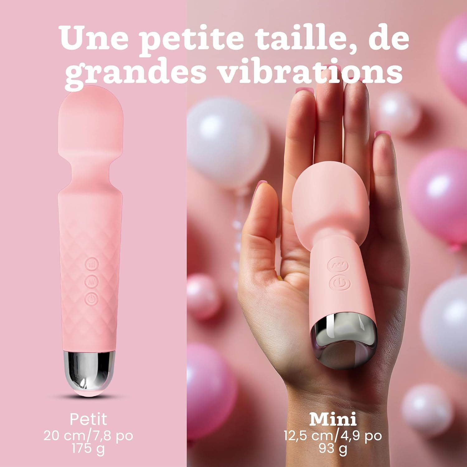 Un vibromasseur rose avec manche texturé et embout argenté. 20 cm, 175 g.