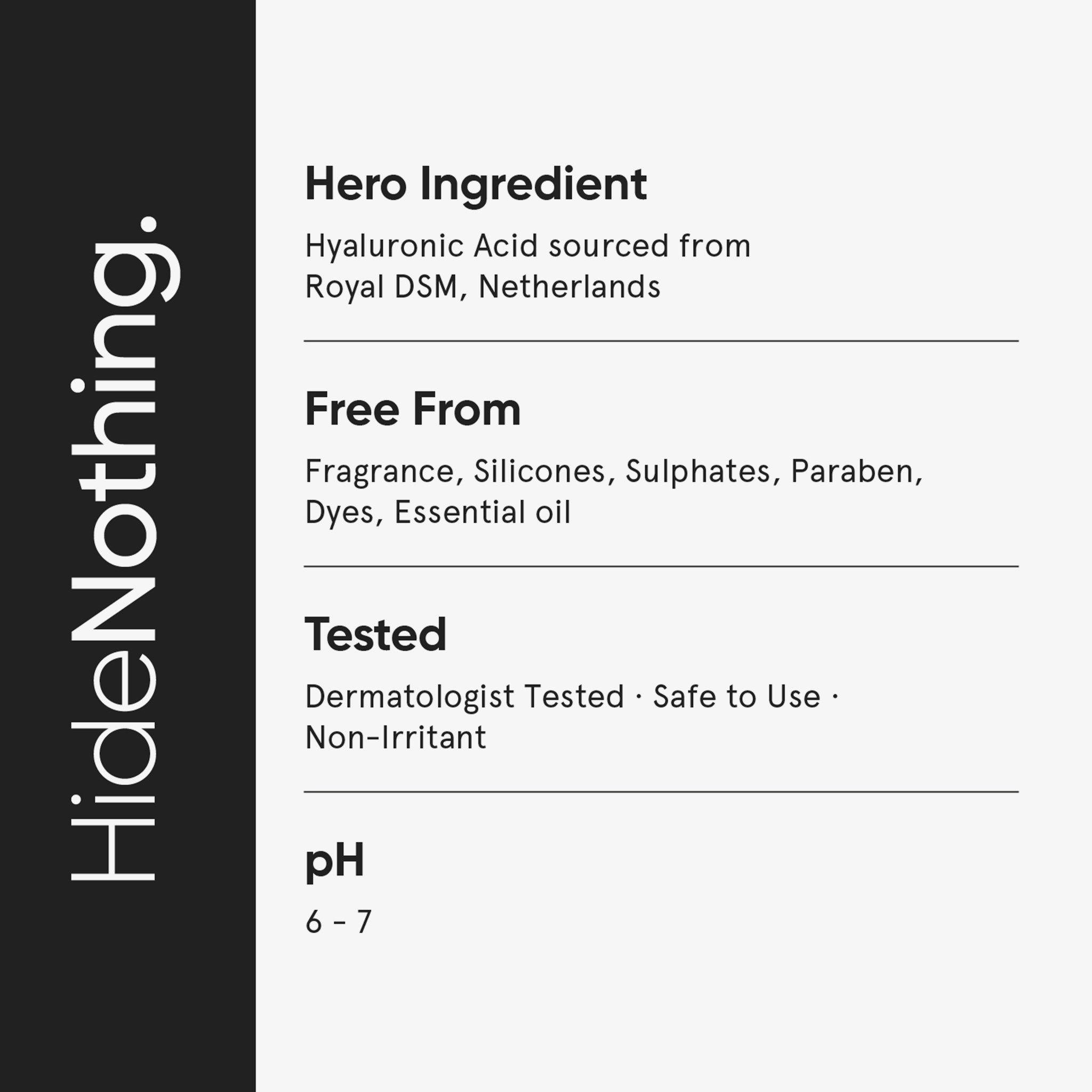Infographie textuelle : « Ingrédient principal : acide hyaluronique ». « Sans » : parfums, silicones, sulfates, parabènes, colorants, huiles essentielles.