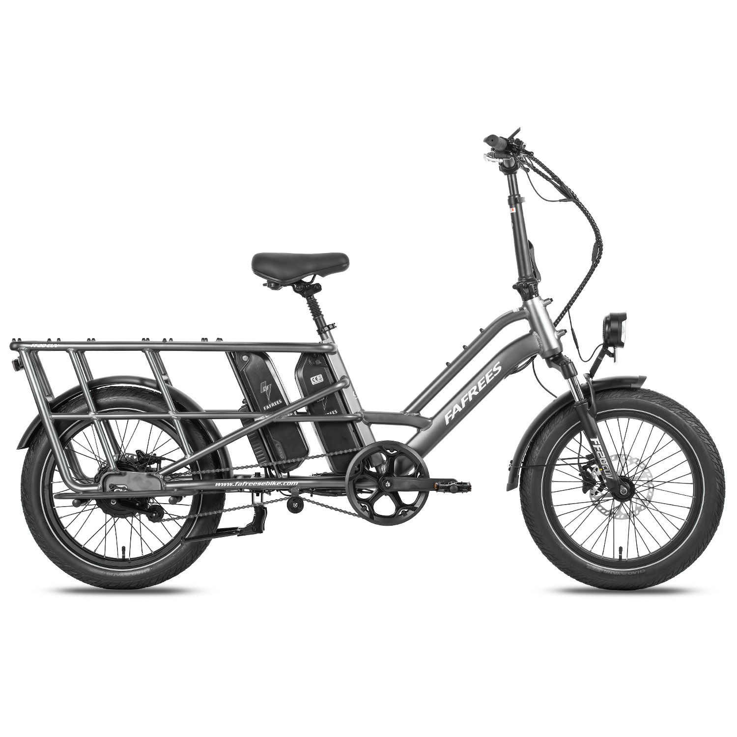 Vélo électrique gris avec porte-bagages, deux batteries et béquille. Marque FAFREES.